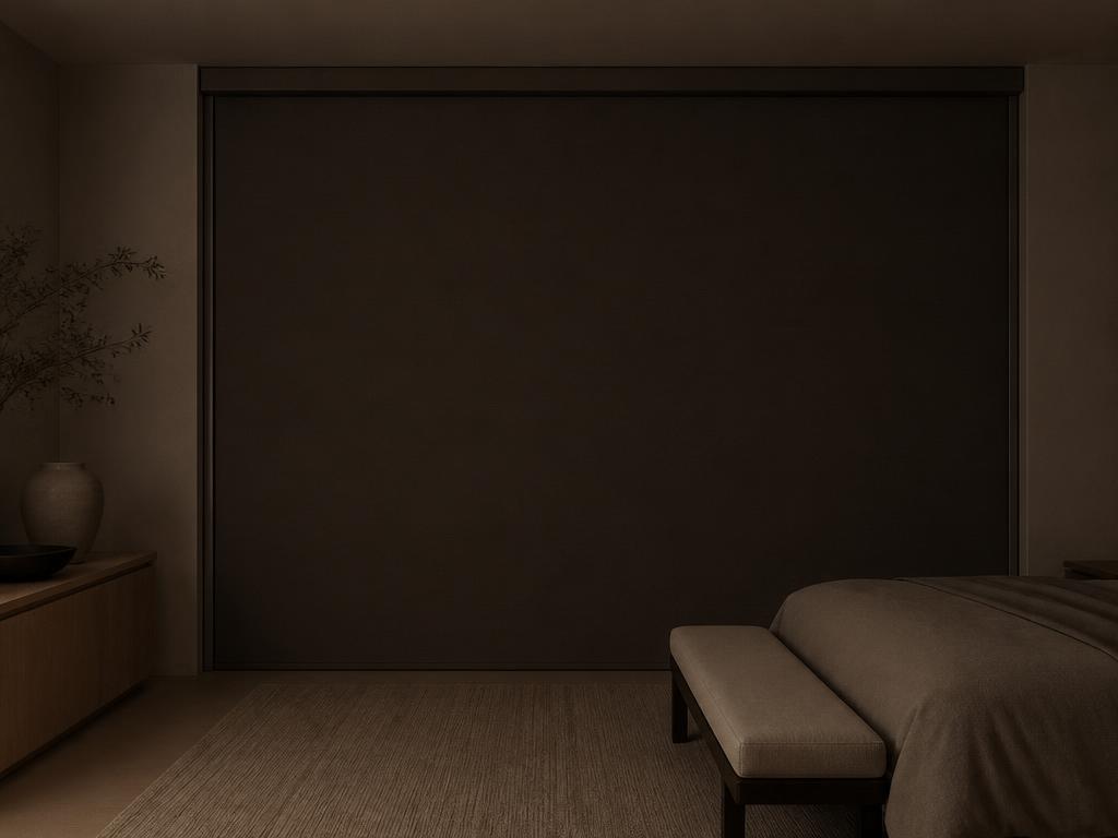 The same bedroom with sealed side channels and a closed cassette, no light at the edges