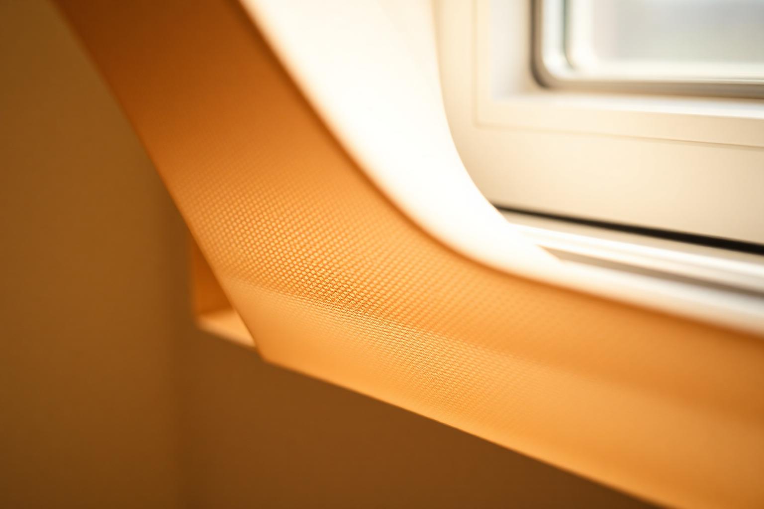 Close-up of blackout fabric running inside a slim aluminium side channel fixed to a window reveal