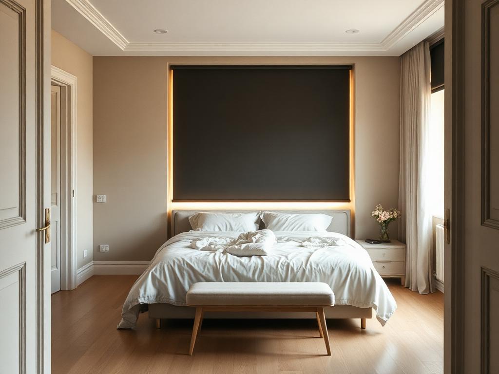 Darkened bedroom with a blackout shade lowered and a faint rim of sunrise light around the window