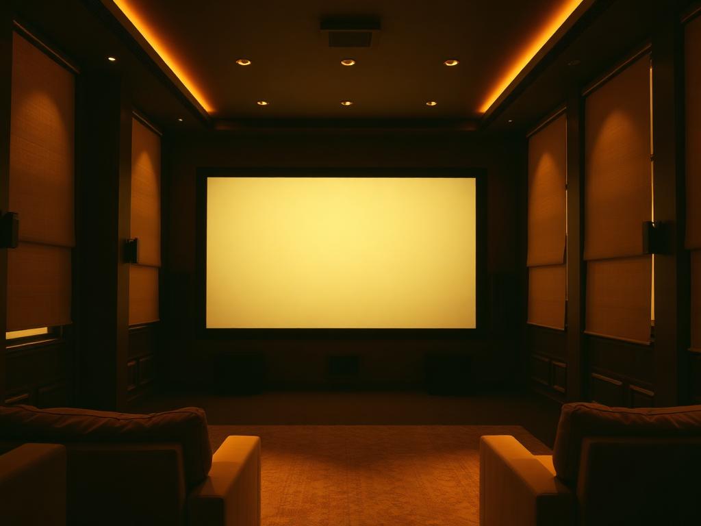 Darkened media room with blackout shades down and a softly glowing screen with no reflection