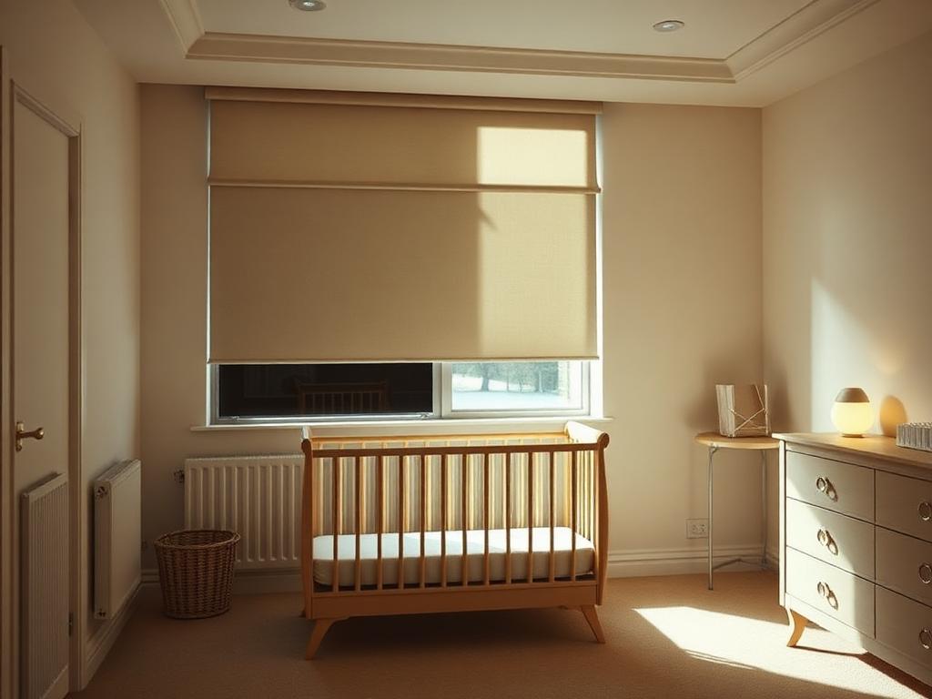 Calm nursery in daytime darkness with a blackout shade closed and side channels fitted