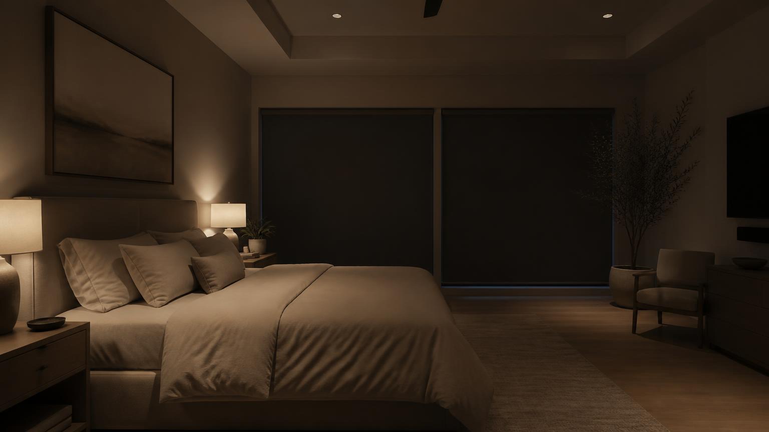 Premium bedroom at night with motorized blackout roller shades fully closed across two windows