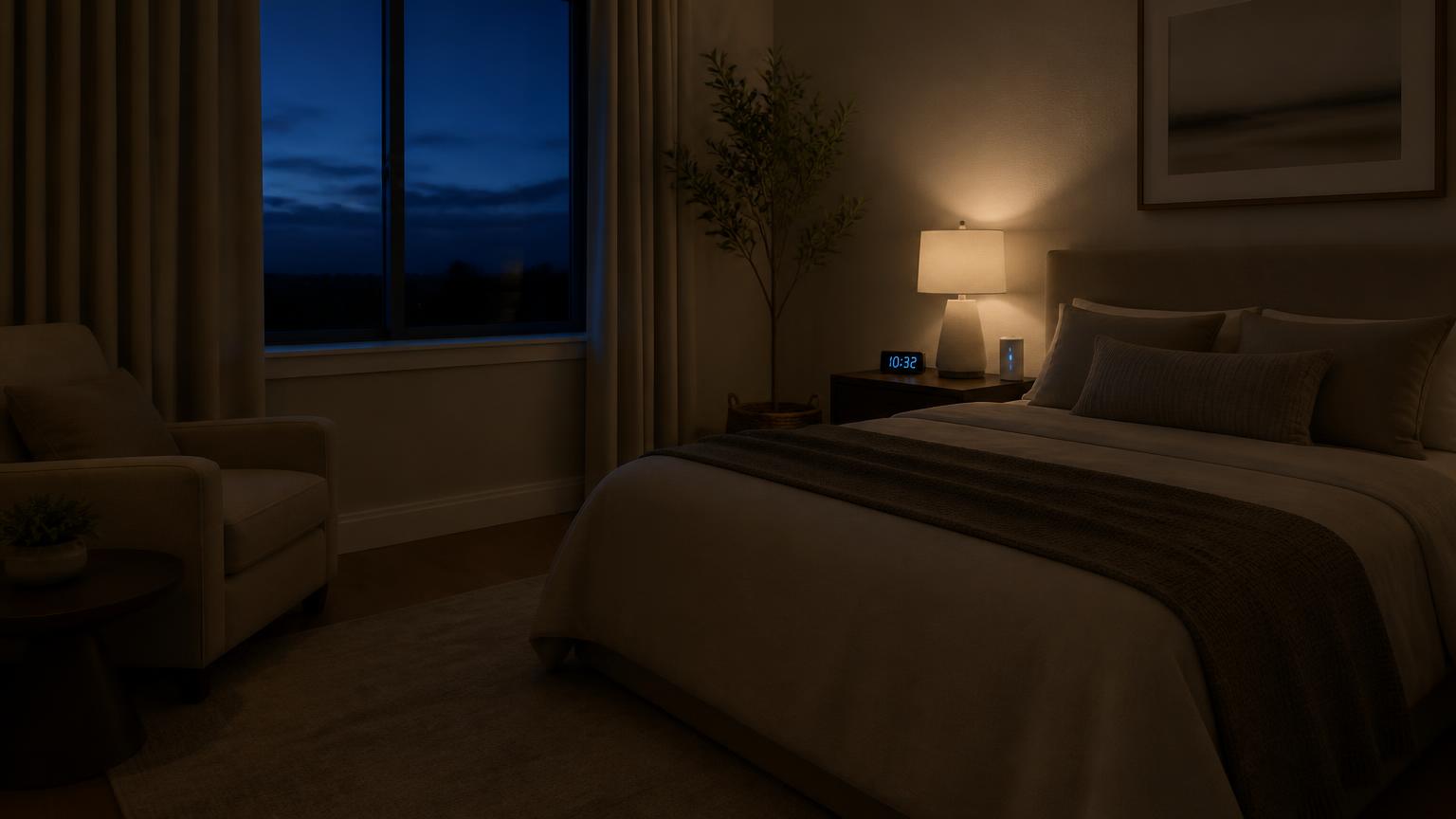 Bedroom at night with faint window light, a dim alarm clock display and a small device indicator light