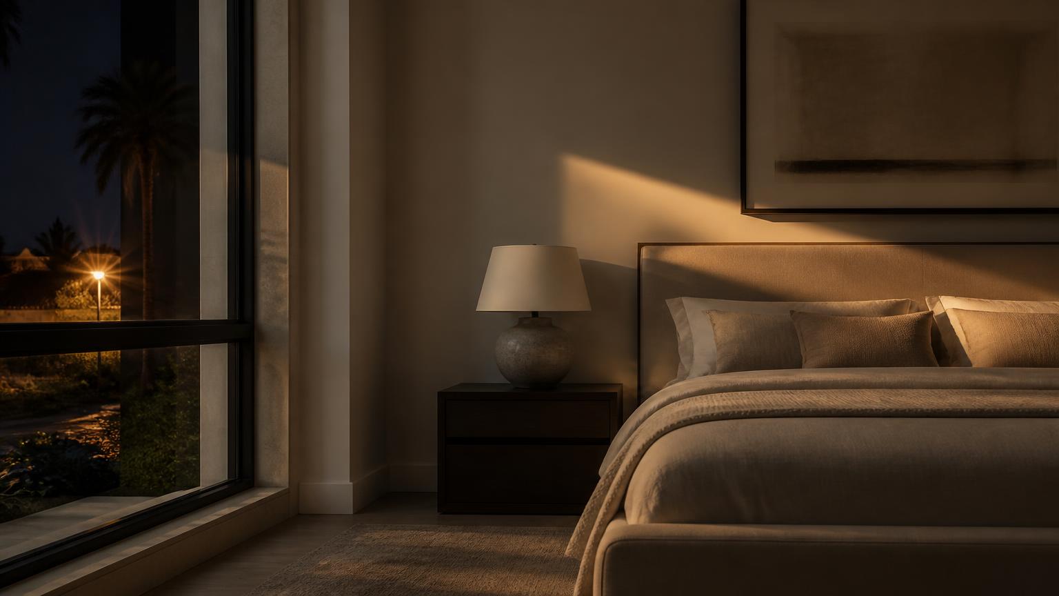 Streetlight glow entering a quiet bedroom window at night and casting a soft band of light across the wall and bed