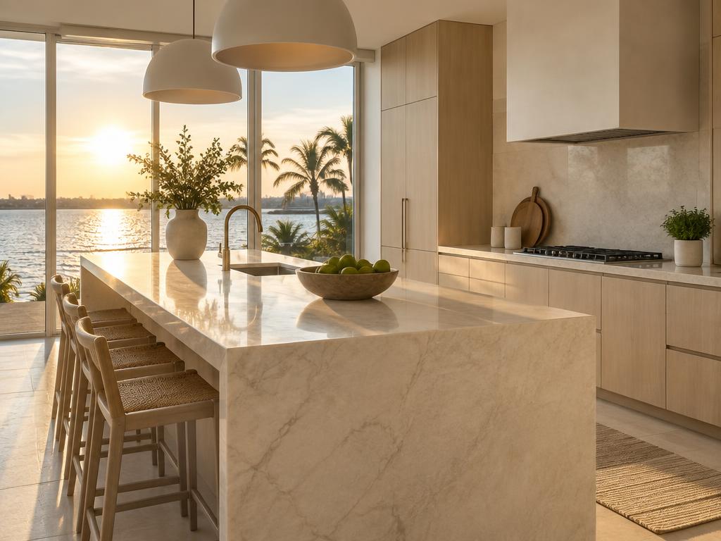 South Florida kitchen with a pale stone island facing a wide window and bright low sun over water
