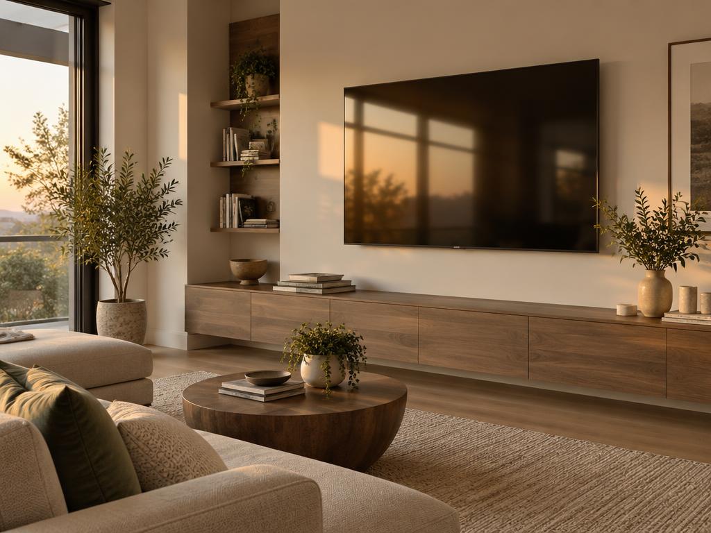 Living room with a wall-mounted television reflecting low afternoon light from a side window