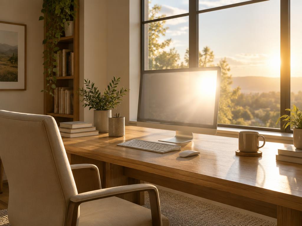 Home office desk facing a window with low late-afternoon sun washing out the monitor screen