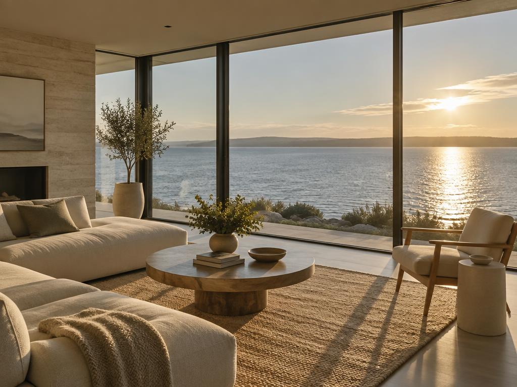 Waterfront living room with floor-to-ceiling glass and sunlight reflecting off the water into the room