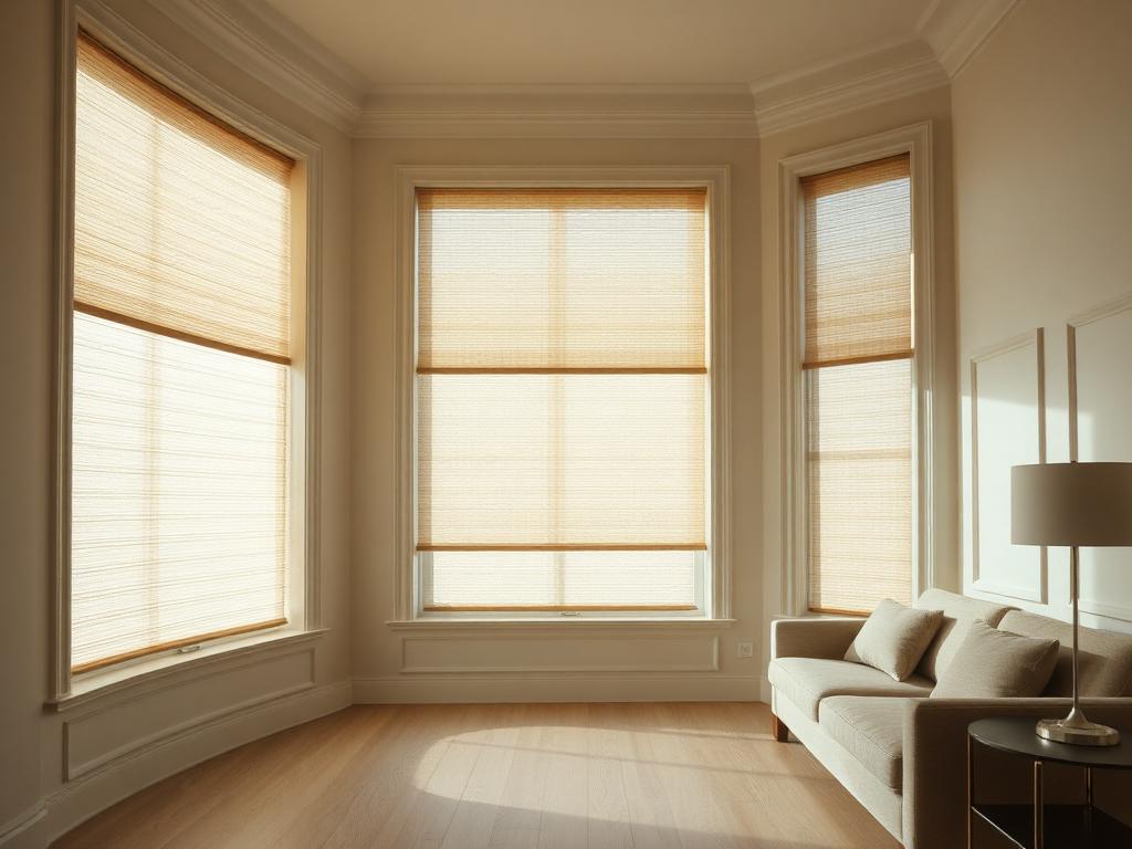 The same room with a cellular honeycomb shade lowered, the window an evenly diffused panel of light