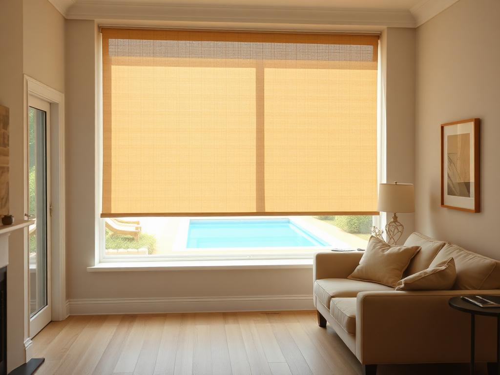 Room with a solar shade lowered, glare cut while the pool outside stays visible through the weave