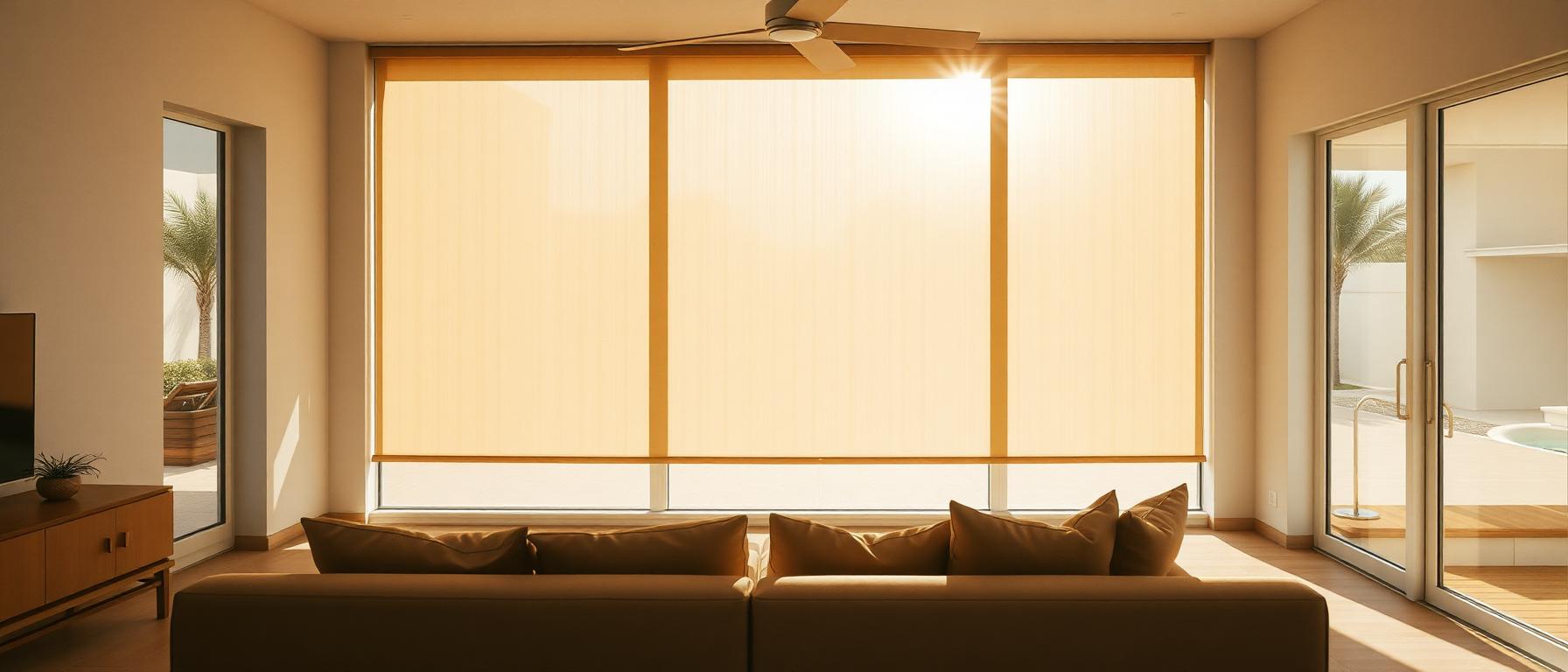 West-facing Florida living room with a solar shade lowered across floor-to-ceiling glass
