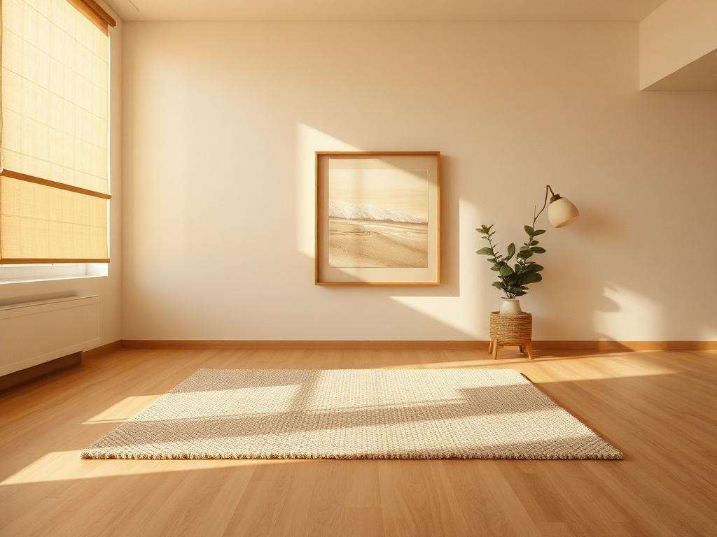 Living space with a rug, abstract artwork and pale oak flooring, shaded from direct afternoon sun