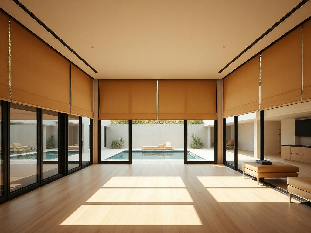 Wide run of floor-to-ceiling glass and sliders with solar shades lowered, pool terrace visible through the fabric