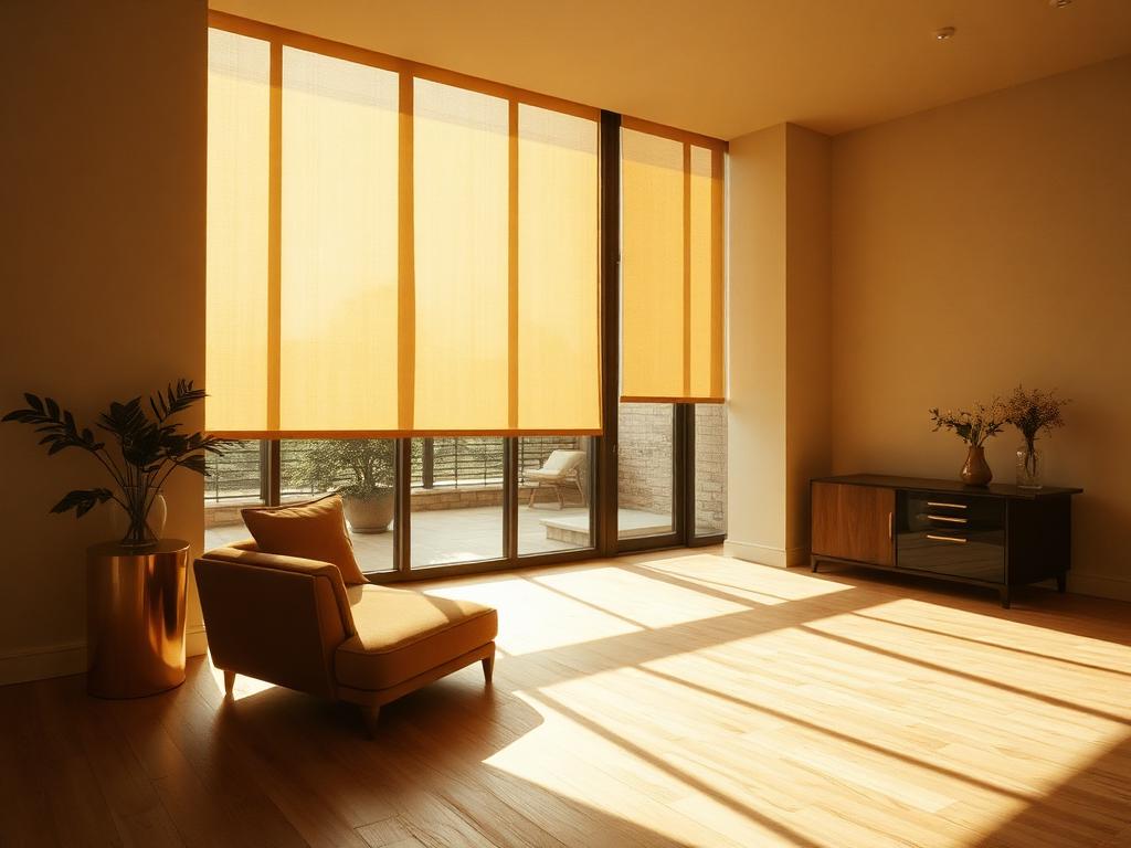 Room taking late-afternoon western sun through a solar shade, light landing as a soft warm wash on the floor