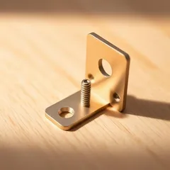 Anodised metal mounting bracket with fixing screws and a wall anchor on pale oak