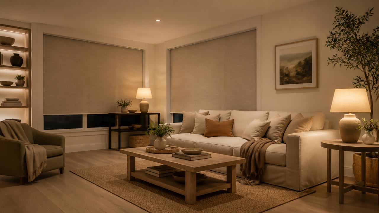 Wide living room in the evening with fabric roller shades fully lowered across two windows and warm lamp light on a linen sofa and oak coffee table