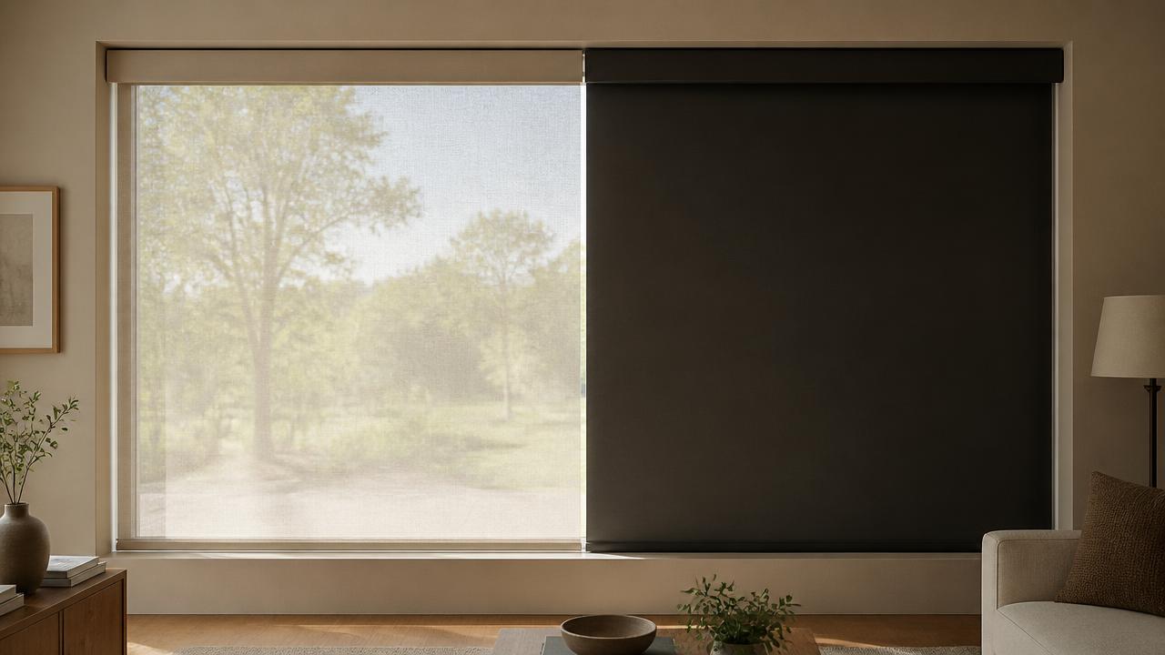 One wide interior window covered by two different fabrics: an open-weave screen on the left showing trees and daylight, and an opaque dark fabric on the right blocking the view