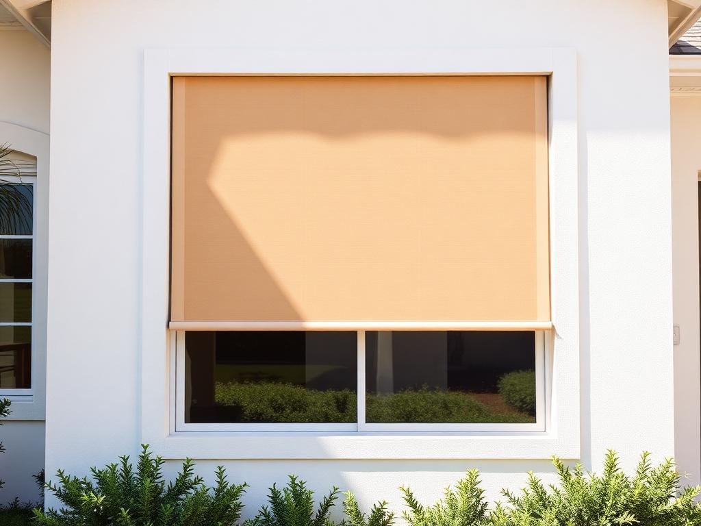 Exterior view of a window with a solar shade in daylight, the interior unreadable from outside