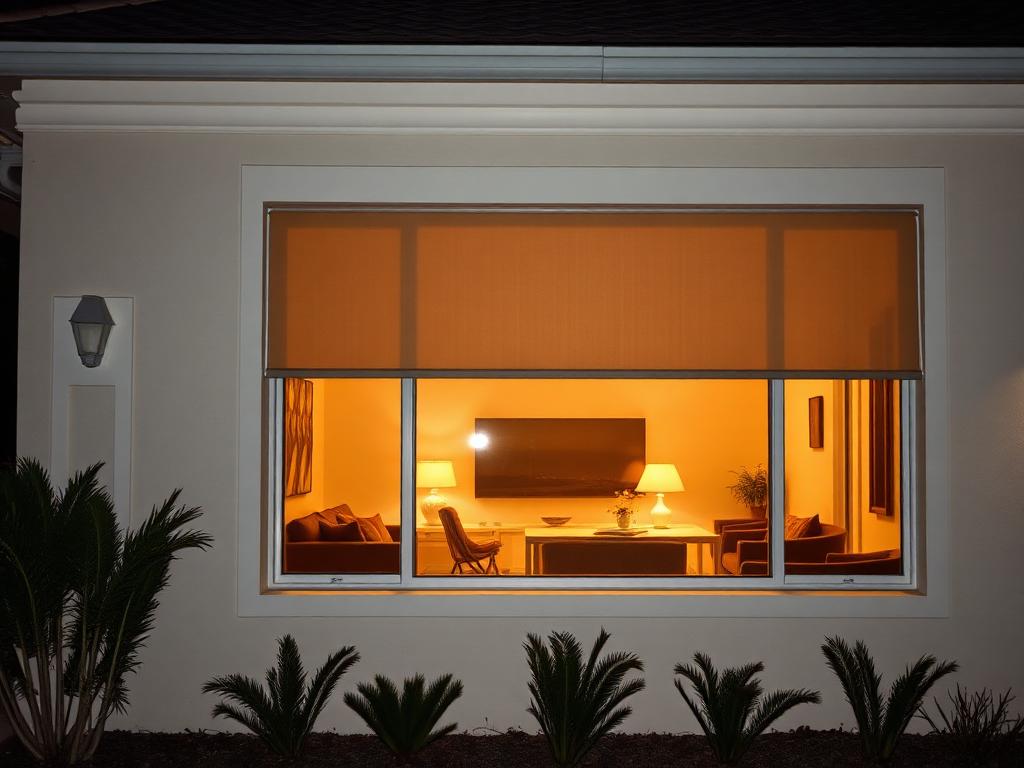 The same window after dark with lamps on inside, the lit interior visible through the solar shade