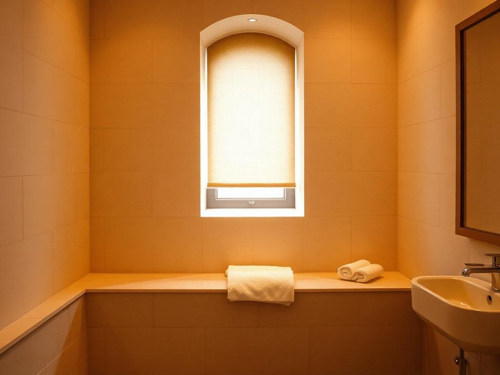 Quiet neutral bathroom with a small high window fitted with a fully closed opaque shade