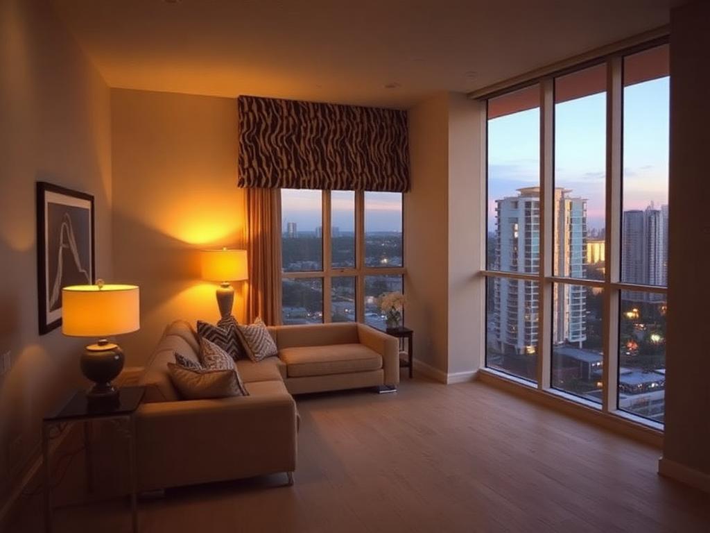 High-floor condo living room in the evening with a banded shade partly lowered and a neighbouring building close by