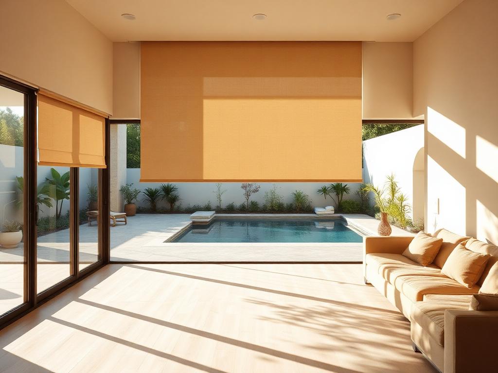 Living space opening onto a pool terrace with a solar shade filtering the afternoon sun