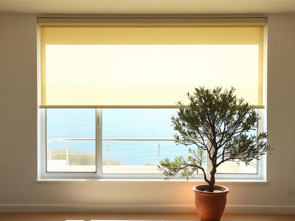 Motorized shades on floor-to-ceiling windows in a Florida home