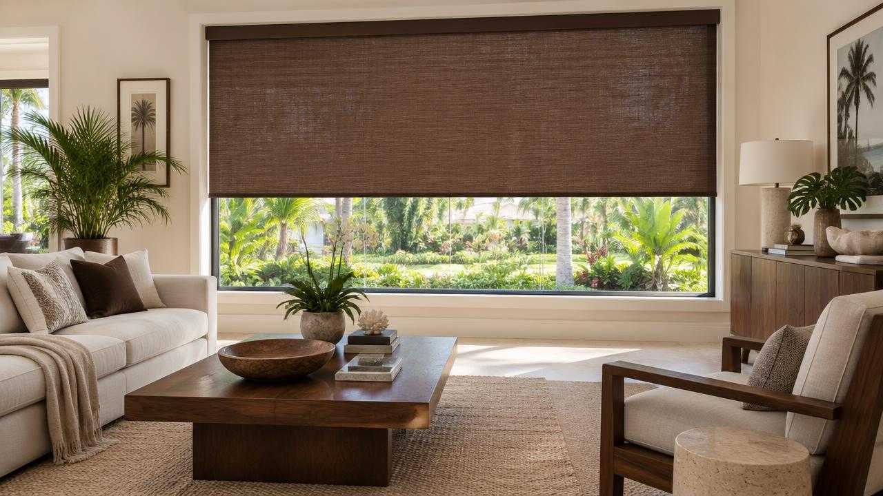 Chocolate walnut brown motorized shade with natural wood furnishings in a Florida living room