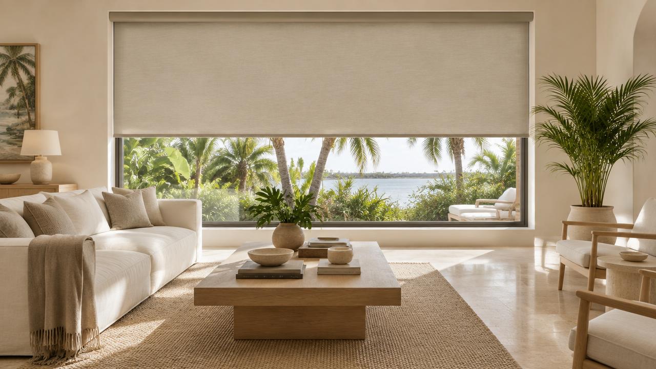 Warm cream and taupe motorized roller shade in a naturally lit Florida living room