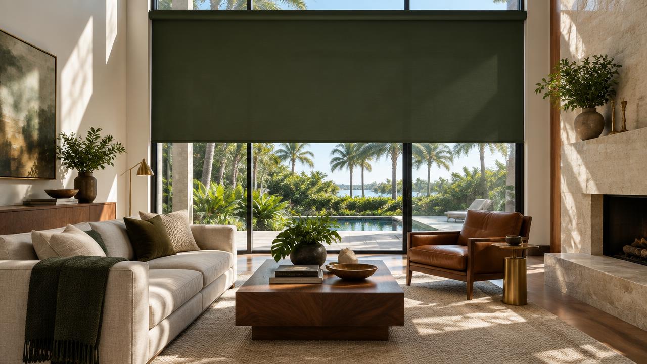 Deep olive green motorized roller shade with walnut furnishings in a Florida living room