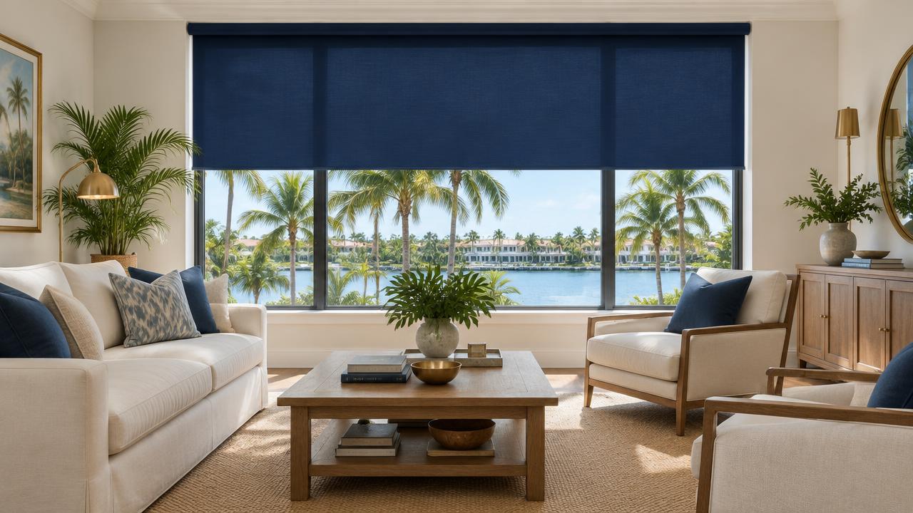 Deep navy blue motorized shade in a classic Florida living room overlooking the water