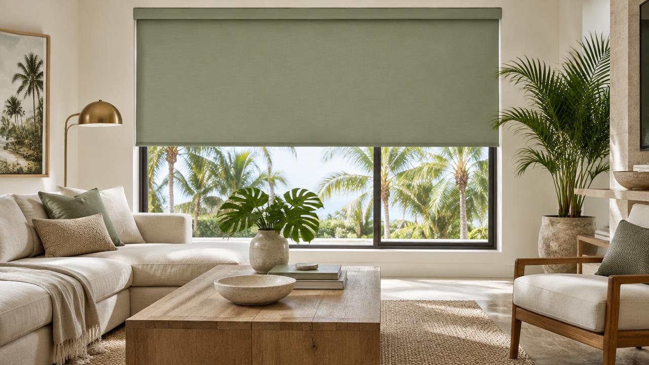 Muted sage green motorized shade above a cream sofa in a Florida living room