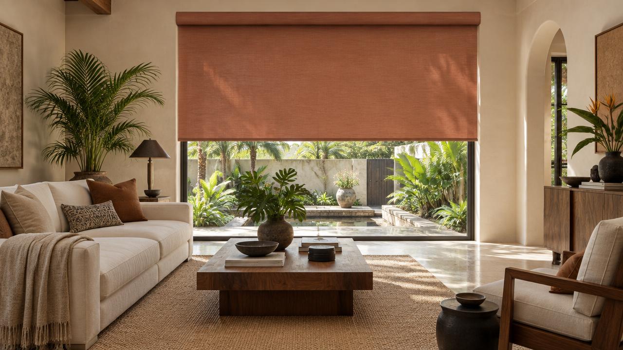 Terracotta clay motorized roller shade in an elegant sunlit Florida living room