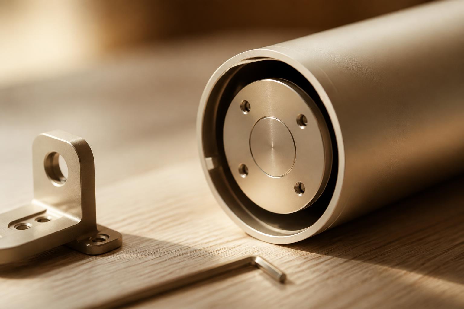 Close-up of a roller tube end with the motor housing seated inside, beside a mounting bracket
