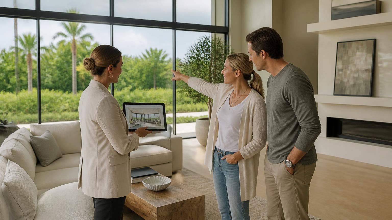 Designer showing a tablet to a couple in a bright Florida living room with floor-to-ceiling windows
