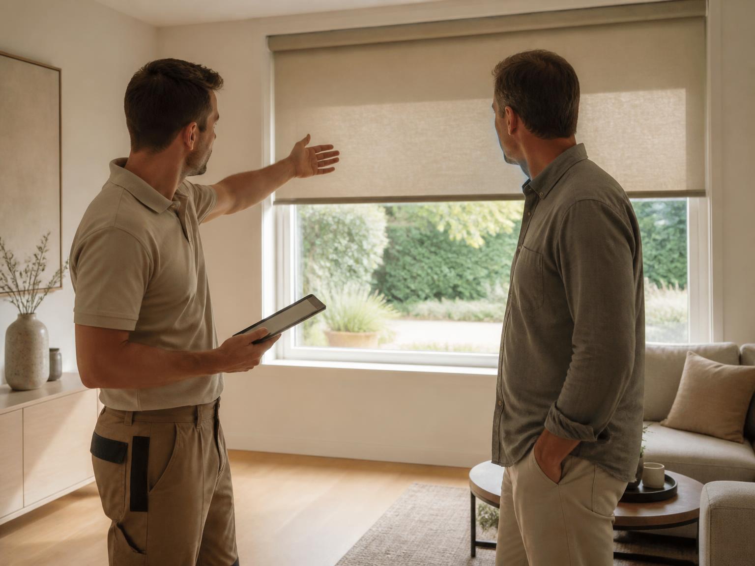 Installer explaining a lowered sand-toned shade to a client beside a large window in a bright living room