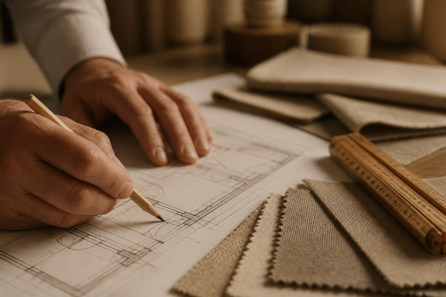 Close-up of hands marking a window opening on a floor plan beside sand and taupe fabric samples