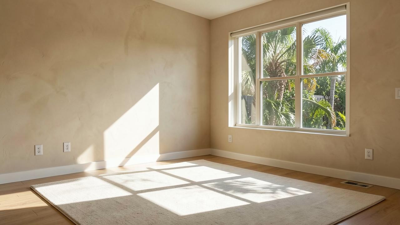 Empty sunlit room where strong afternoon light through an uncovered window throws hard bright rectangles across a pale rug and plaster wall