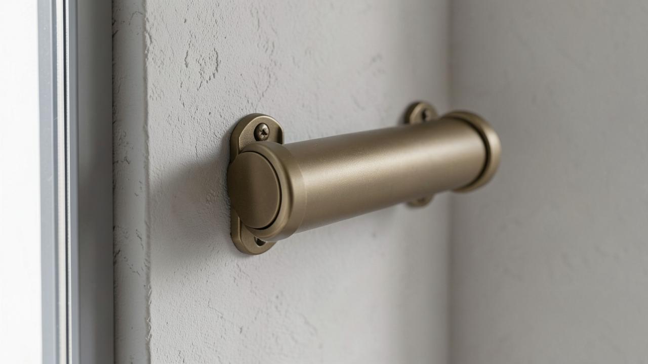 Close up of a bronze roller shade bracket screwed into the plaster reveal beside a window frame, showing the fixing points and clearance