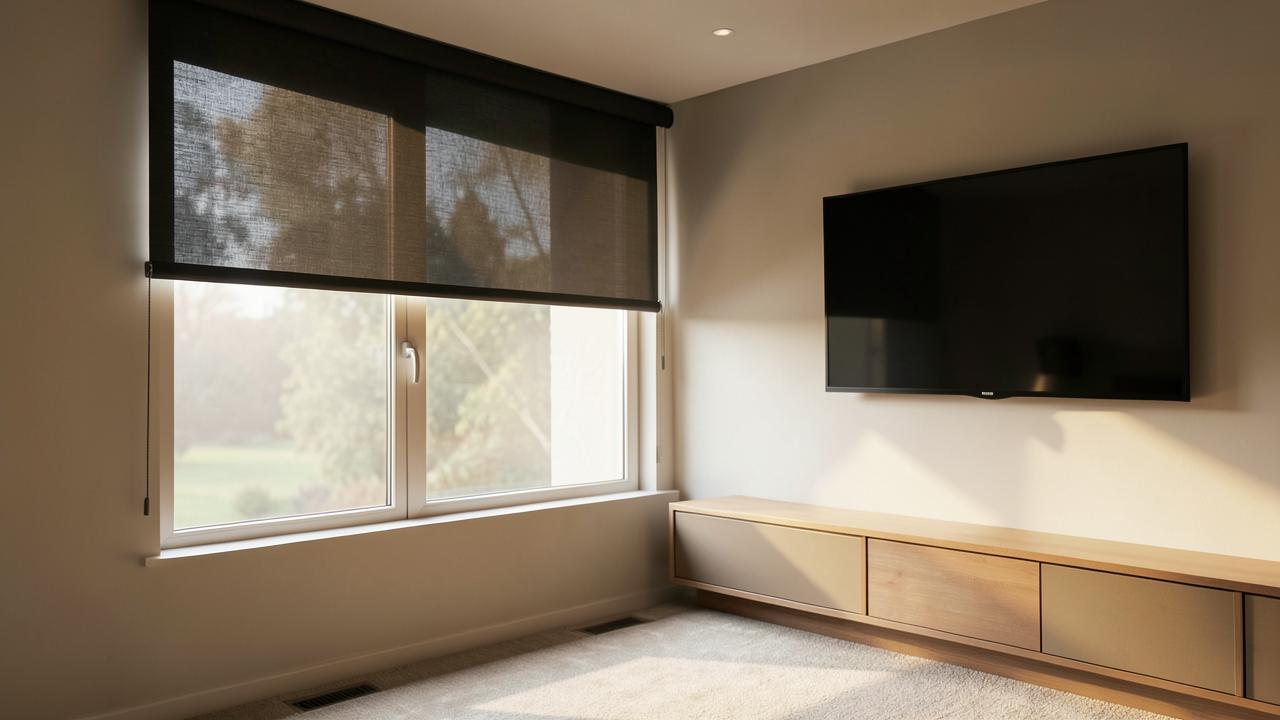 Media room with a dark solar screen shade lowered over a west facing window, the wall mounted screen free of reflection while the view outside stays visible through the mesh