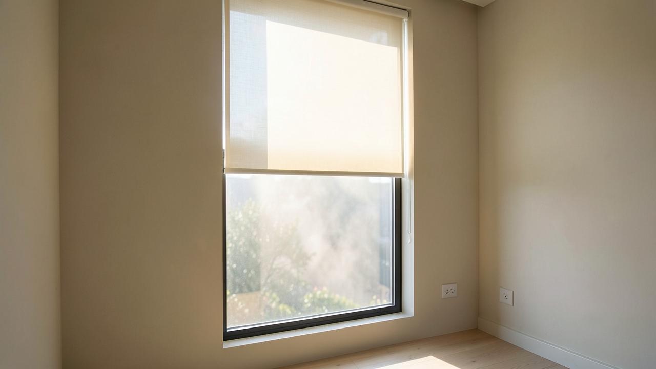 Tall west facing window with a pale light reflecting shade lowered against strong afternoon sun, the room behind it in cool even shade