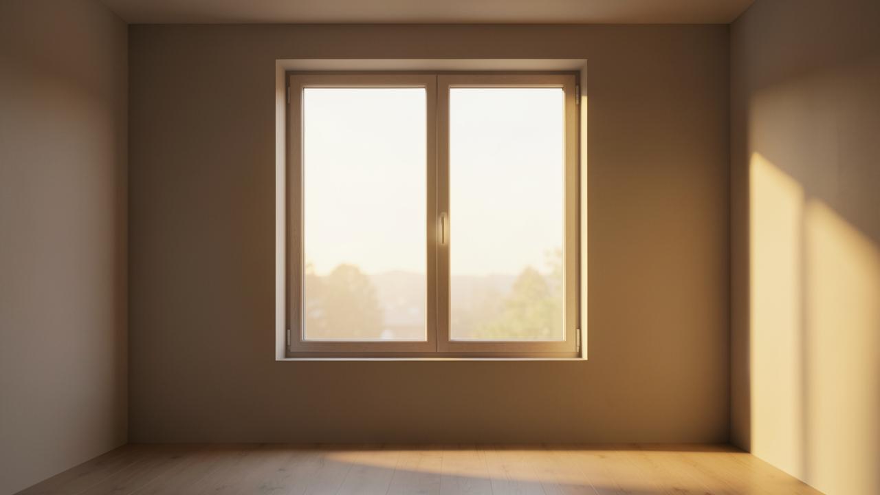 The same window seen in two different light conditions, pale flat daylight on one side of the room and warm low evening sun on the other
