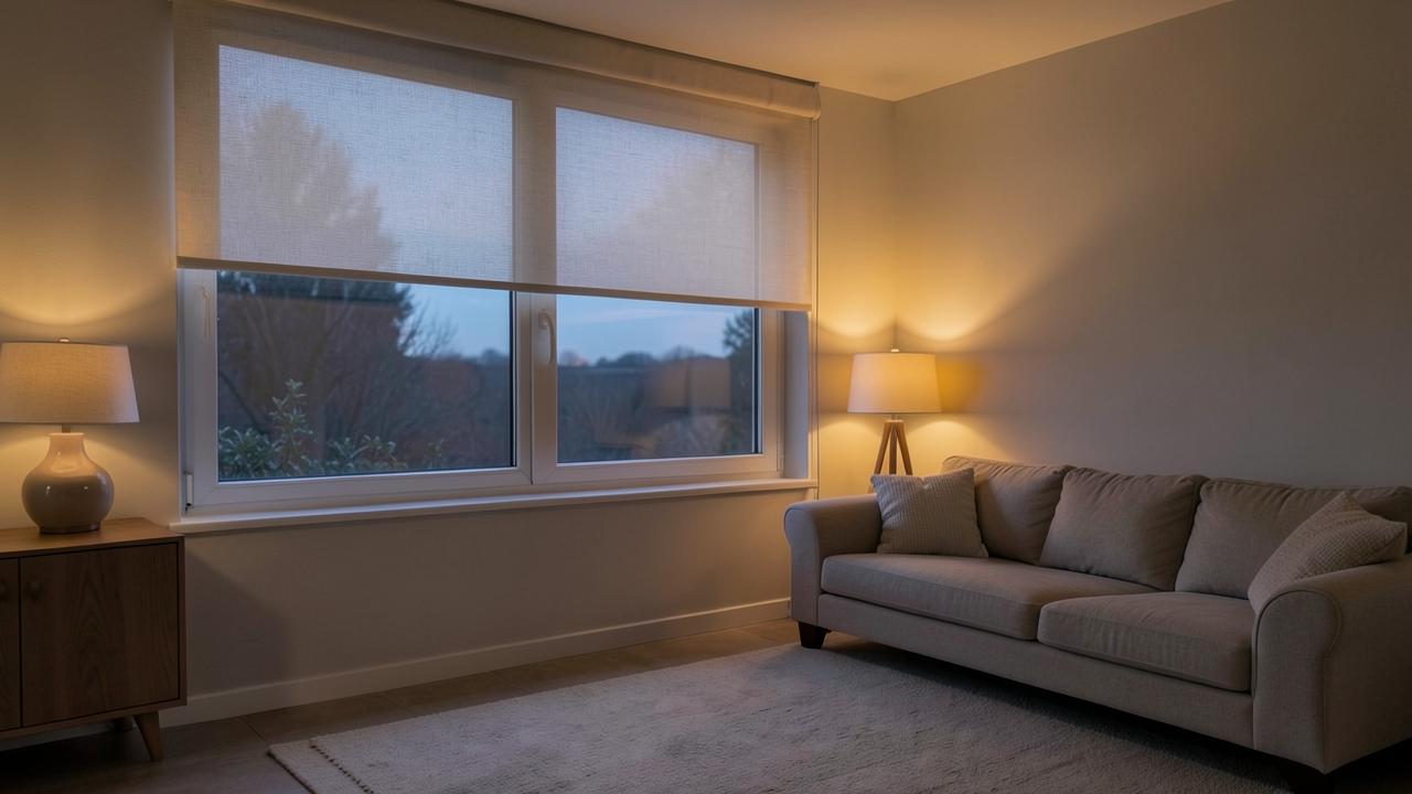 Living room after dark with lamps lit inside and an open weave shade lowered across the window, the interior visible as a soft glow through the fabric