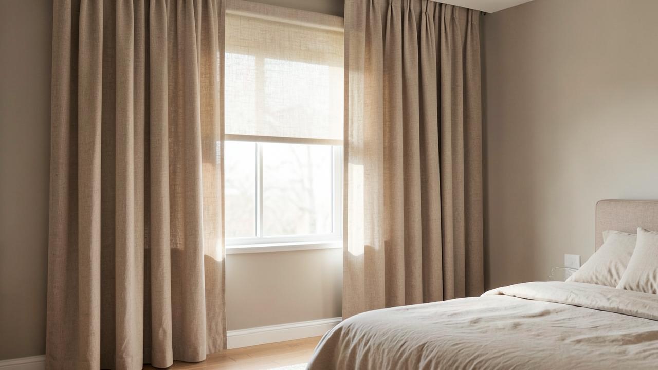 Bedroom window with a light filtering roller shade lowered behind full length linen curtain panels, the two treatments layered together